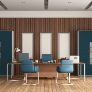 Minimalist office with large desk,office chair and bookcase on wooden wall - 3d rendering