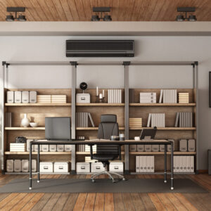 Modern office with bookcase , desk with laptop and photocopier - 3d rendering